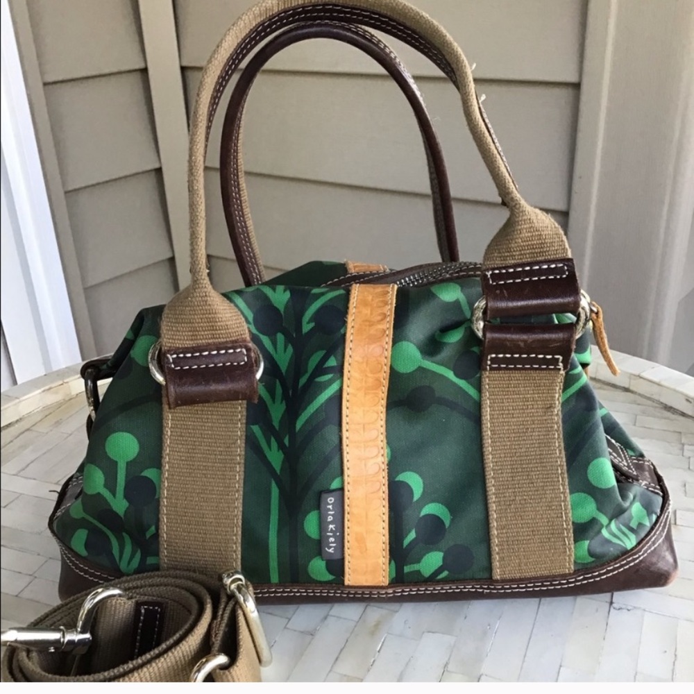 Orla Kiely green and brown crossbody satchel